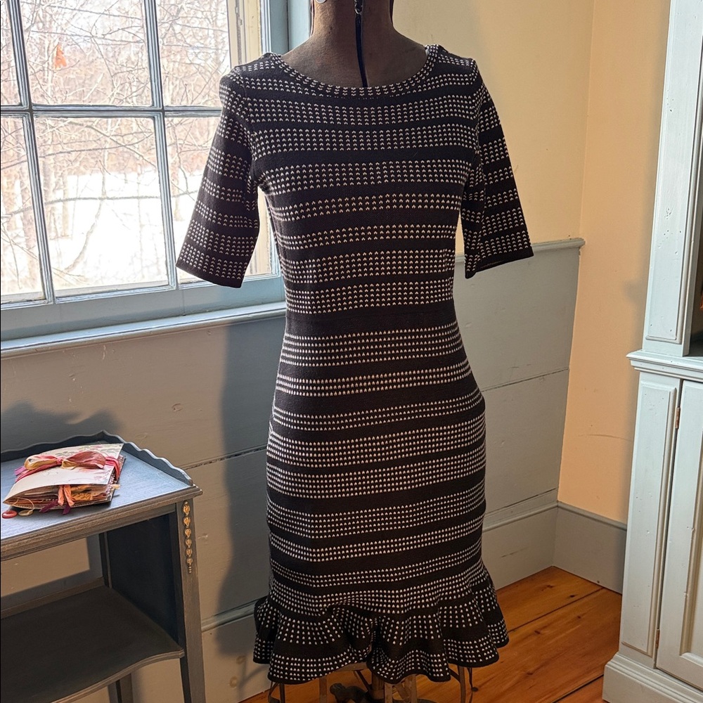 Taylor Black & White Striped Knit Midi Dress with Ruffle Hem